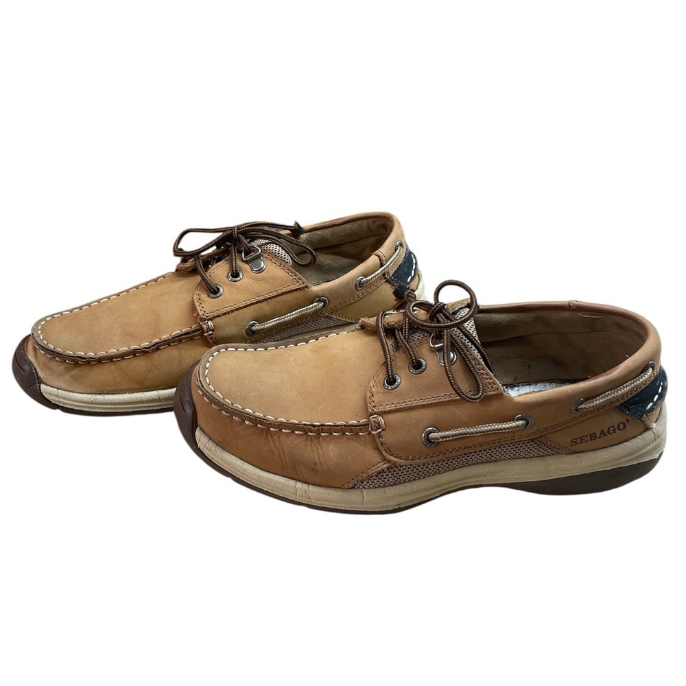 Sebago Helmsman Boat Shoes Leather Lace Up Dark Tan Deck Size 8M Loafers